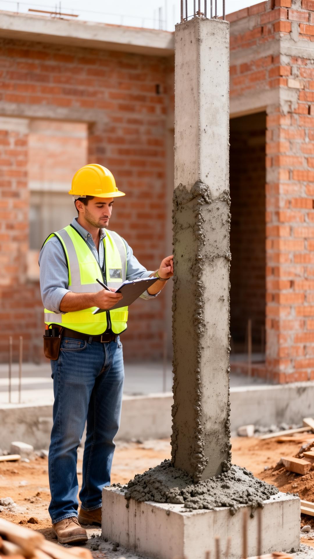 SJ Construction civil engineer inspecting a reinforced concrete column on site
